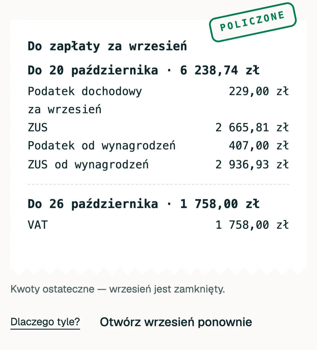 Zestawienie „Do zapłaty” z pieczątką „Policzone”: każda kwota z terminem i link „Dlaczego tyle?”.
