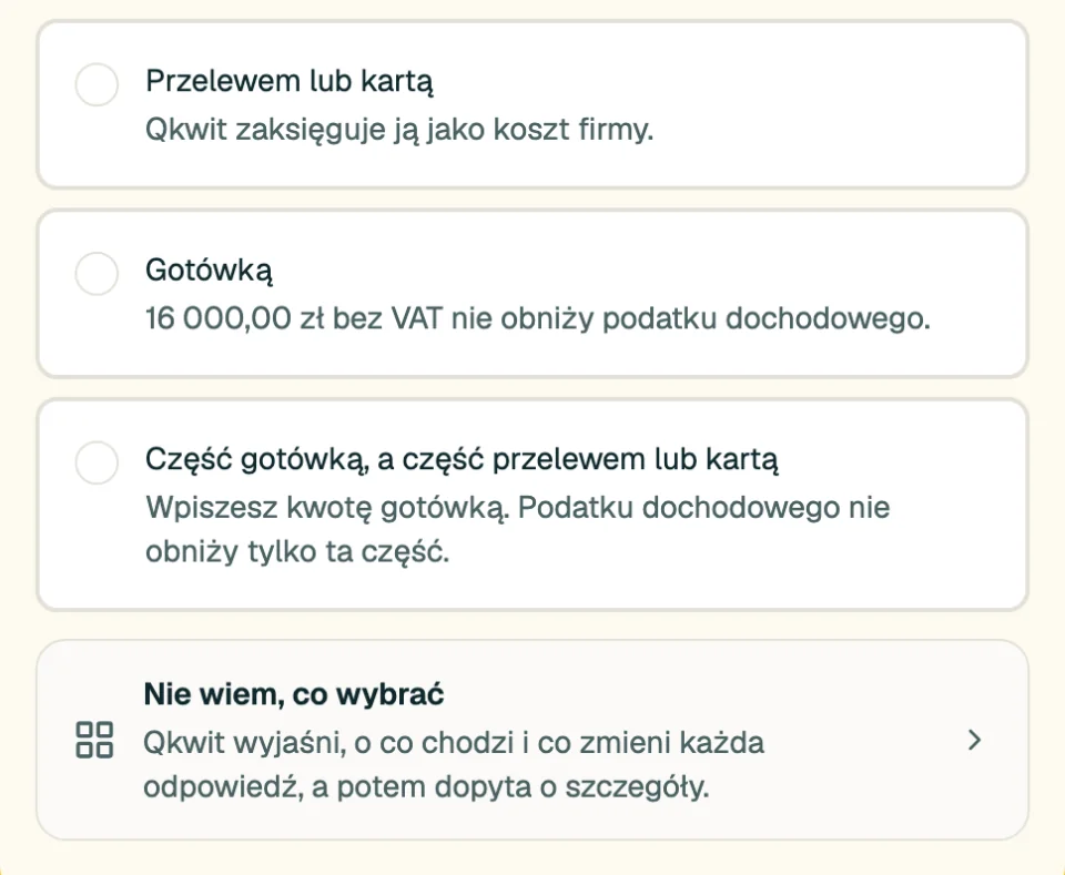 Odpowiedzi do wyboru na ekranie Qkwit: „Przelewem lub kartą”, „Gotówką”, „Część gotówką, a część przelewem lub kartą”, „Nie wiem, co wybrać”.