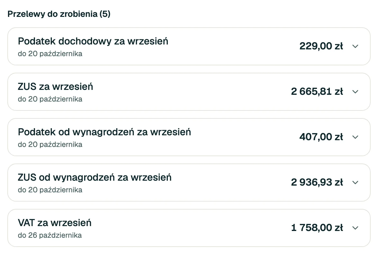 Lista „Przelewy do zrobienia” z kwotą i terminem każdego przelewu.