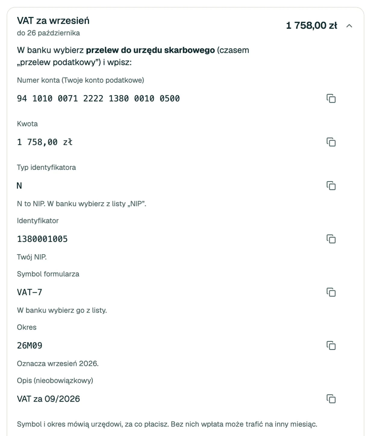 Rozwinięty przelew VAT: numer konta podatkowego, kwota, NIP, symbol formularza i okres, każde pole z przyciskiem kopiowania.