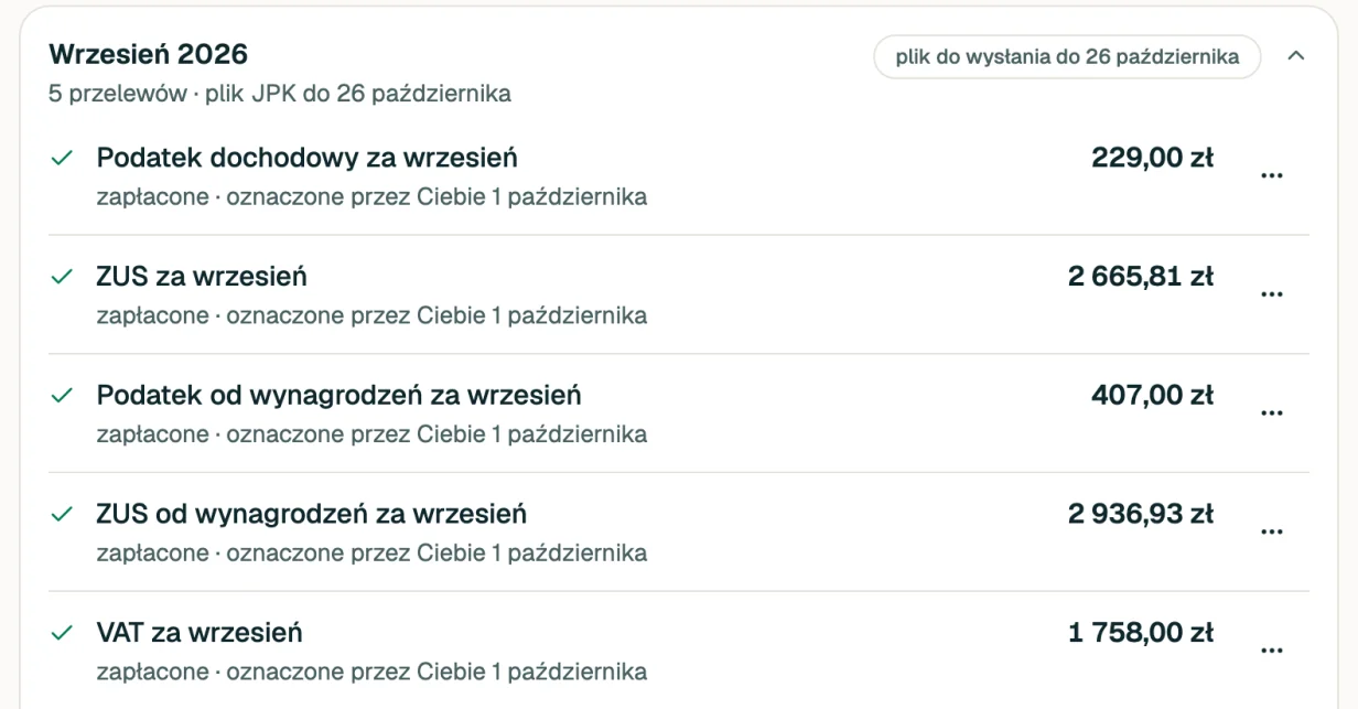 Miesiąc „Wrzesień 2026” z listy płatności w Qkwit: pięć płatności, każda z kwotą i dopiskiem „zapłacone · oznaczone przez Ciebie” z dniem oznaczenia.