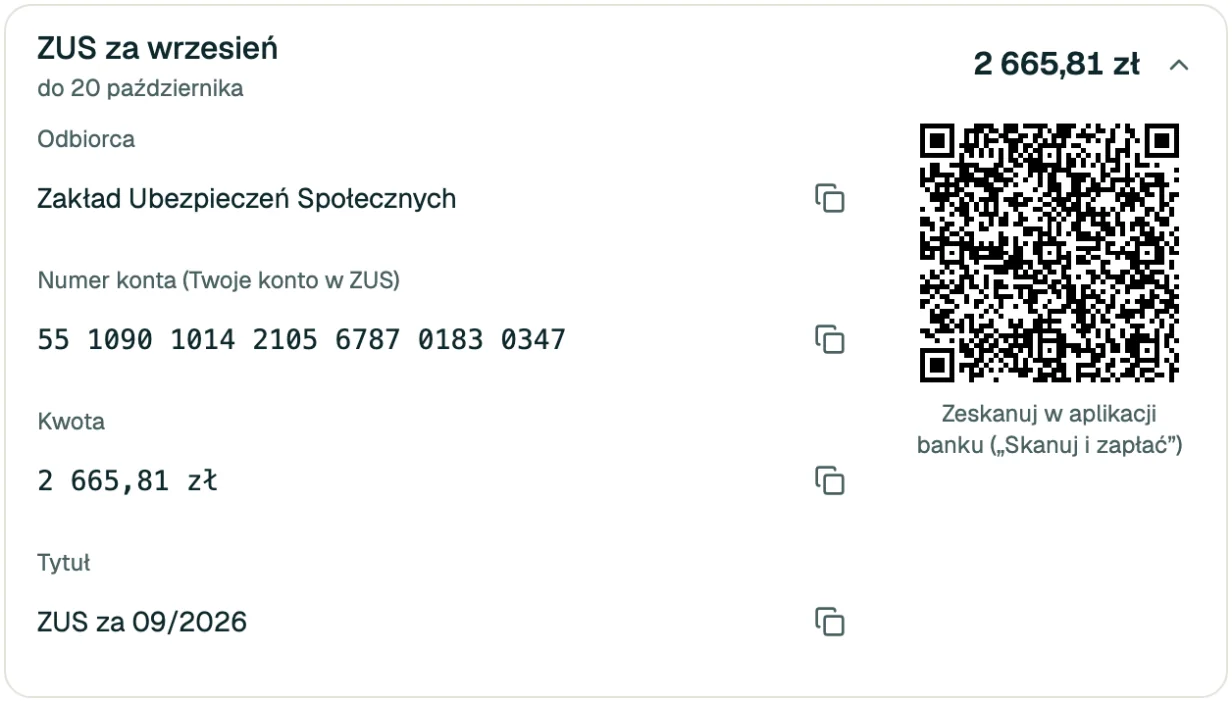Rozwinięty przelew do ZUS w Qkwit: odbiorca, numer konta w ZUS, kwota i tytuł, każde pole z przyciskiem kopiowania. Na szerokim ekranie obok jest kod QR.