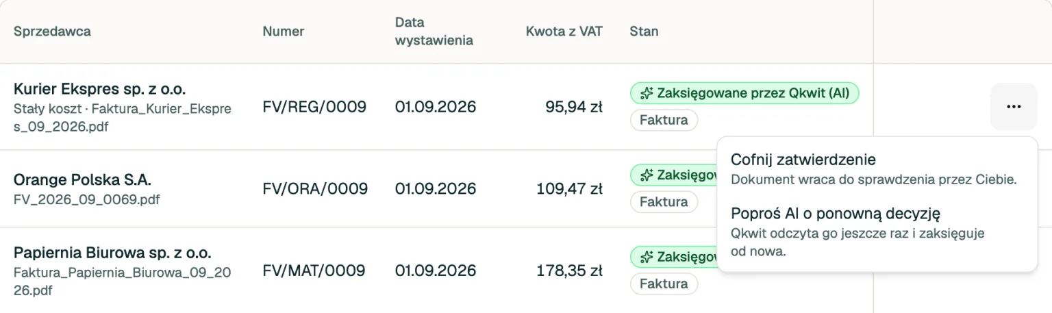 Ekran aplikacji: wiersz faktury Kurier Ekspres ze znaczkiem Zaksięgowane przez Qkwit (AI) i otwartym menu: Cofnij zatwierdzenie, Poproś AI o ponowną decyzję